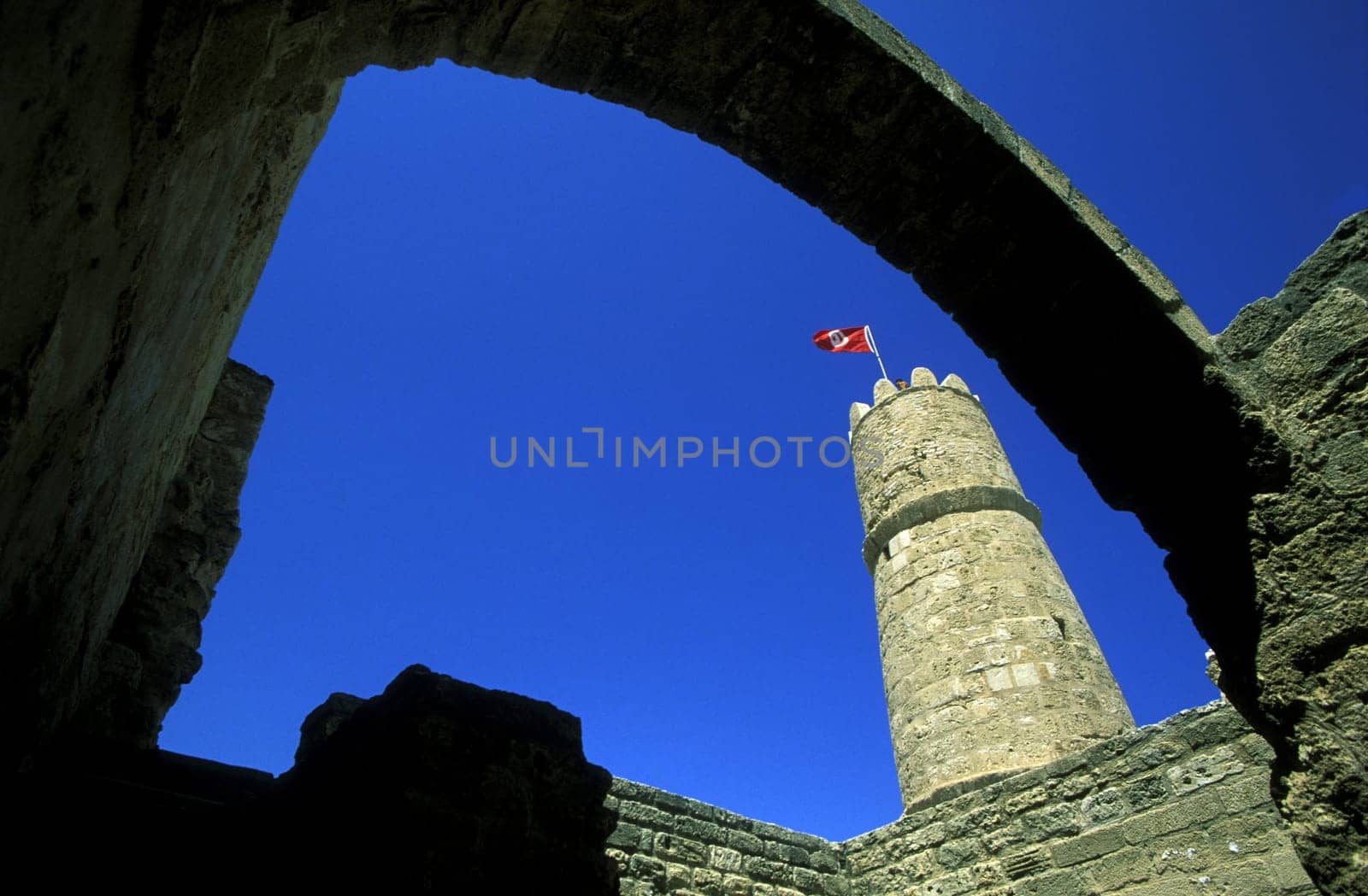 The Ribat or fortress in the old town in Monastir on the Mediterranean Sea in the northeast of Tunisia in North Africa.