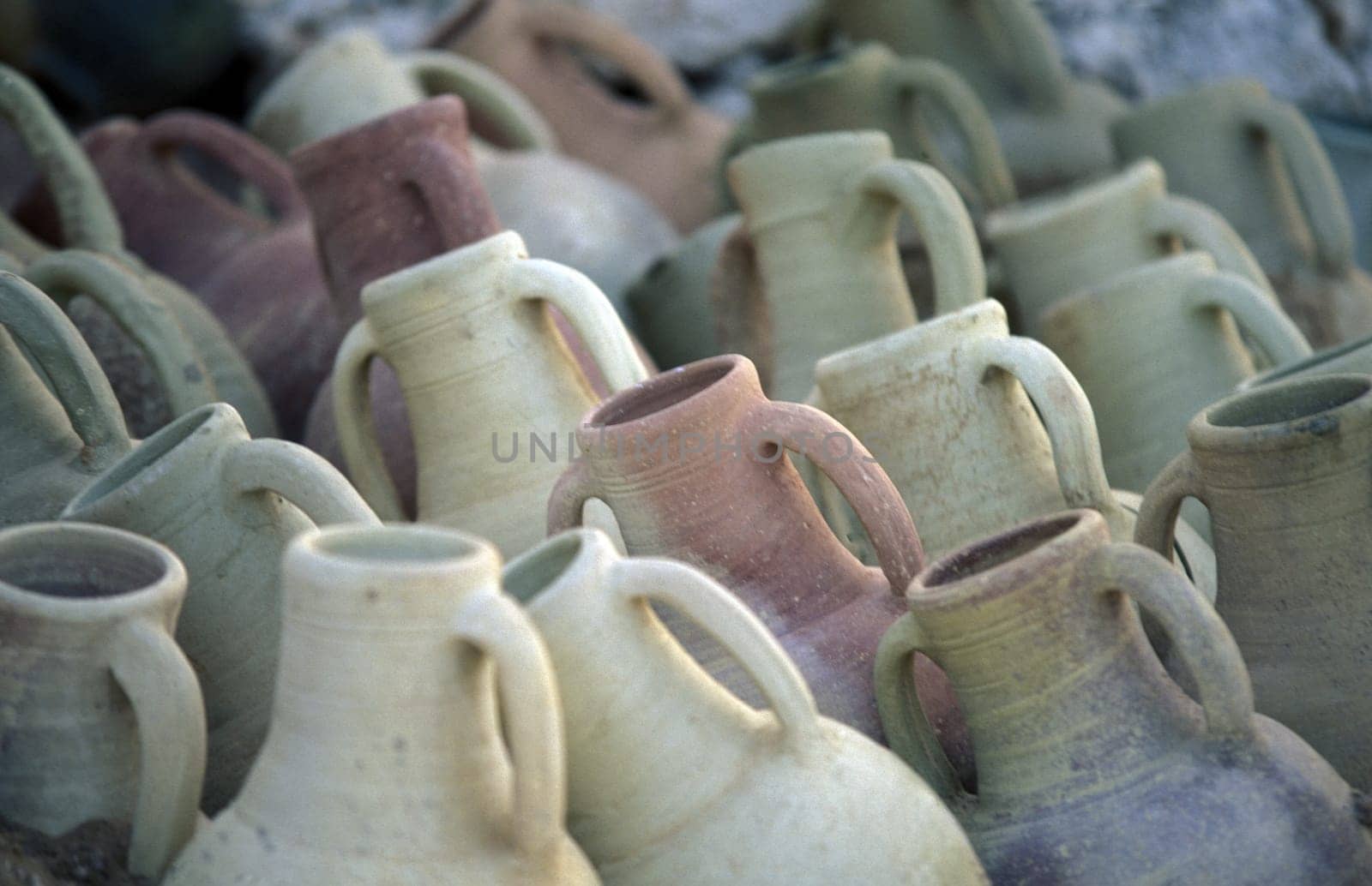 Ceramic toepfe in a pottery on the island of Jierba in the south of Tunisia in North Africa.