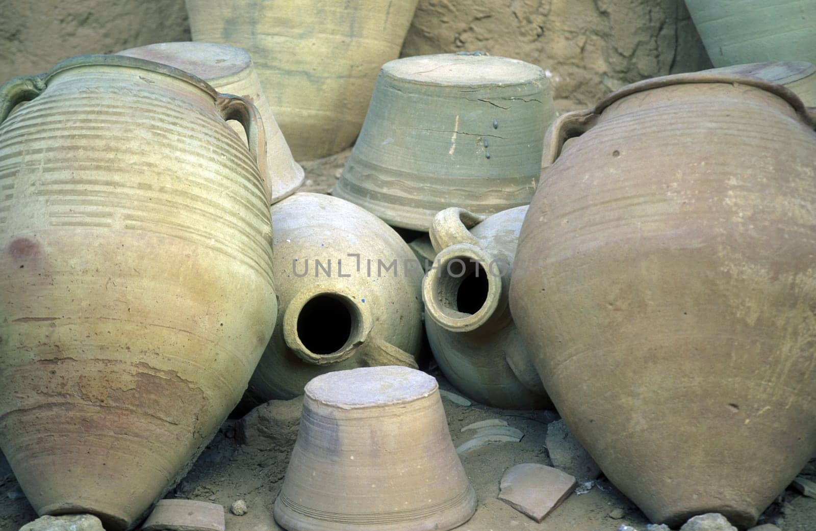 Ceramic toepfe in a pottery on the island of Jierba in the south of Tunisia in North Africa.