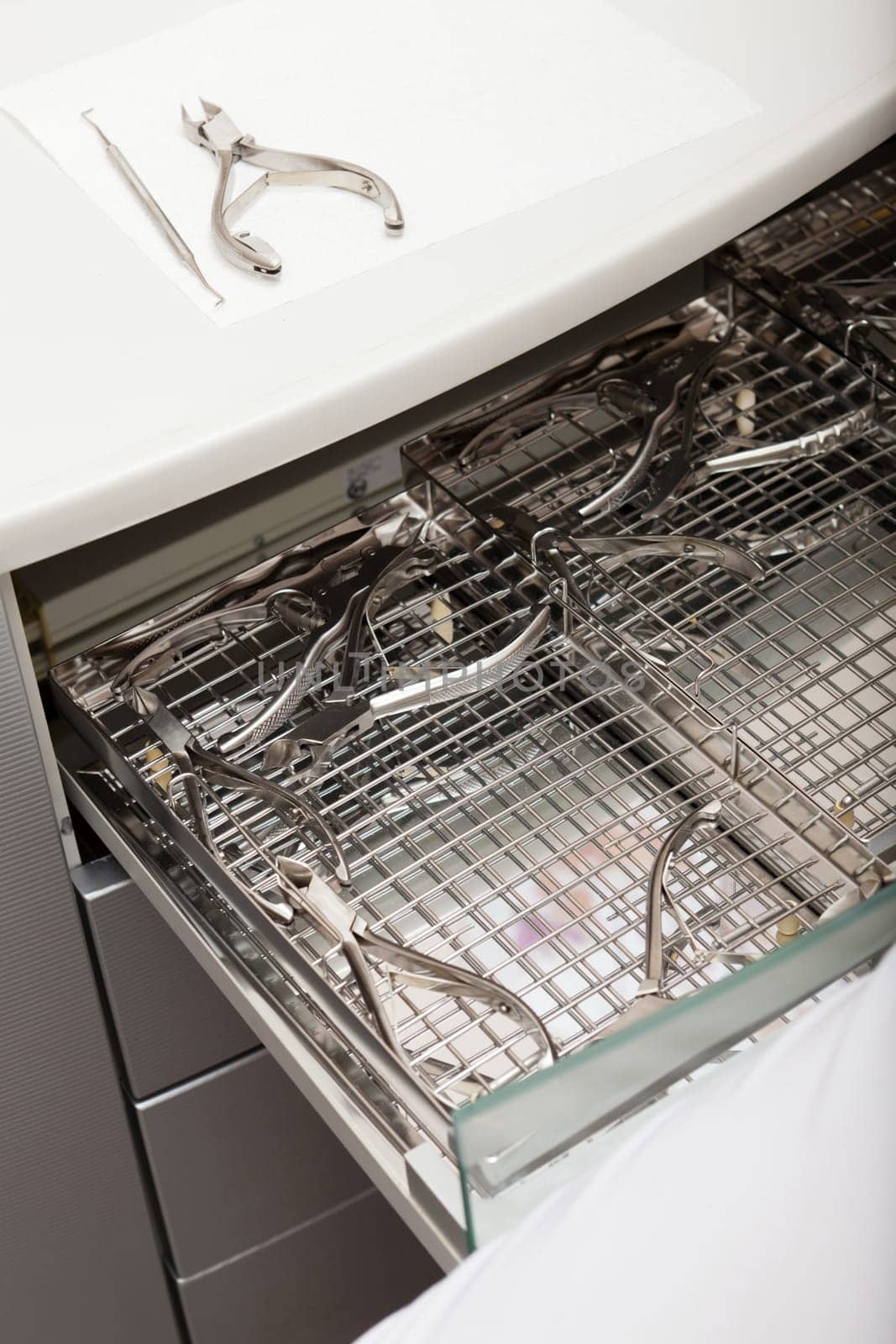 Drawer with tools of a foot care worker