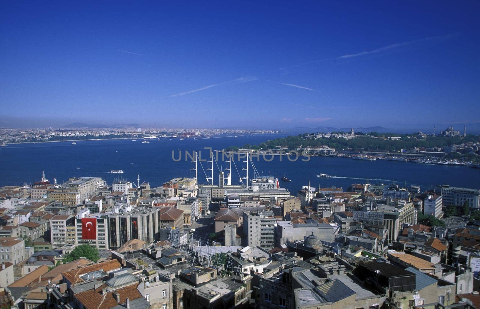 The skyline of Galatasaray on the Bosphorus in Istanbul in the Tuerkey.