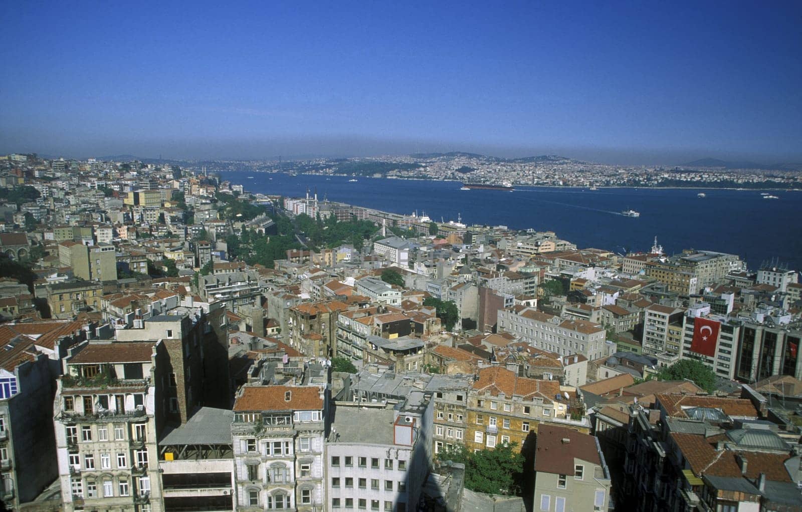 The skyline of Galatasaray on the Bosphorus in Istanbul in the Tuerkey.