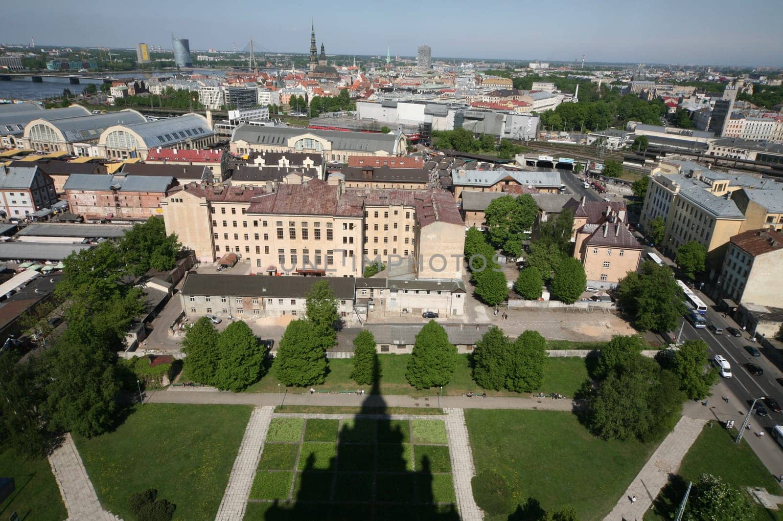 The Old Town with the Vansu Bruecke and the Cathedral as well as the River Daugava from the view of the view of the Socialist High-Rise Academy of Sciences in the district of Little Moskow in Riga,Latvia