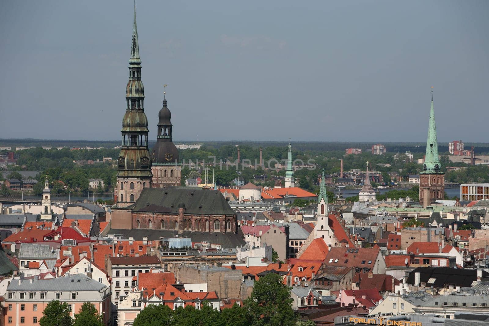 The Old Town with the Cathedral and the St. Peter's Church from the view of the view of the Socialist High-Rise Academy of Sciences in the Little Moskow district in Riga,Latvia