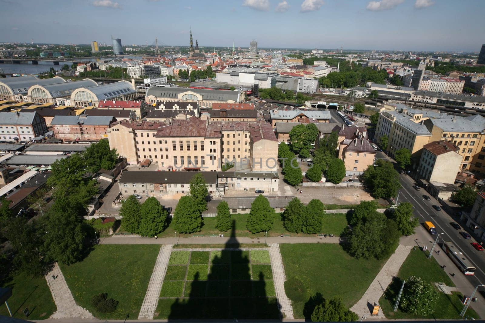 The Old Town of Riga from the view of the view of the Socialist High School Academy of Sciences in the Little Moskov district in Riga,Latvia