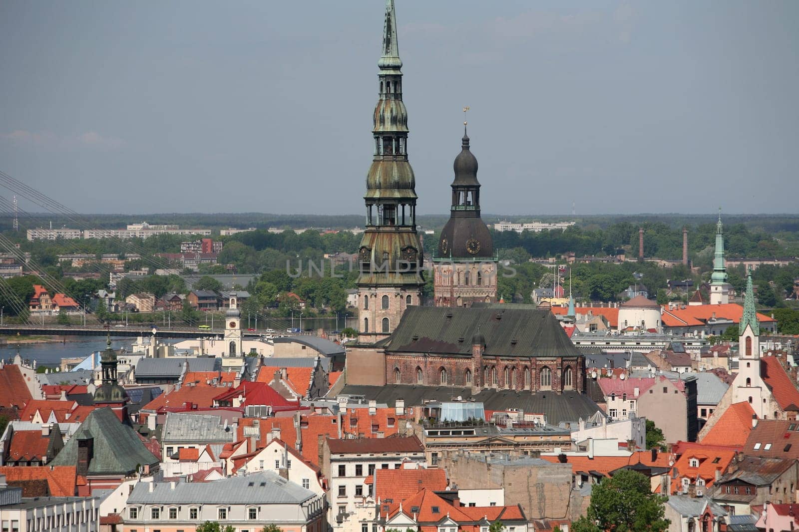The Old Town with the Vansu Bruecke and the Cathedral as well as the River Daugava from the view of the view of the Socialist High-Rise Academy of Sciences in the district of Little Moskow in Riga,Latvia