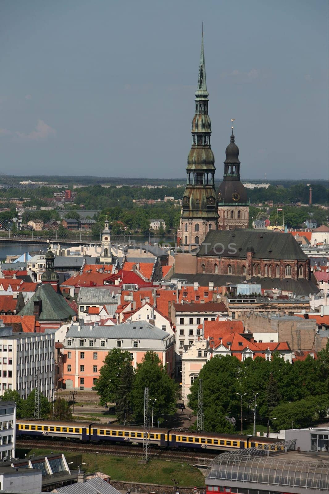 The Old Town with the Vansu Bruecke and the Cathedral as well as the River Daugava from the view of the view of the Socialist High-Rise Academy of Sciences in the district of Little Moskow in Riga,Latvia