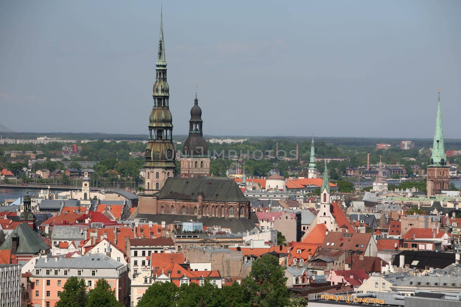 The Old Town with the Cathedral and the St. Peter's Church from the view of the view of the Socialist High-Rise Academy of Sciences in the Little Moskow district in Riga,Latvia