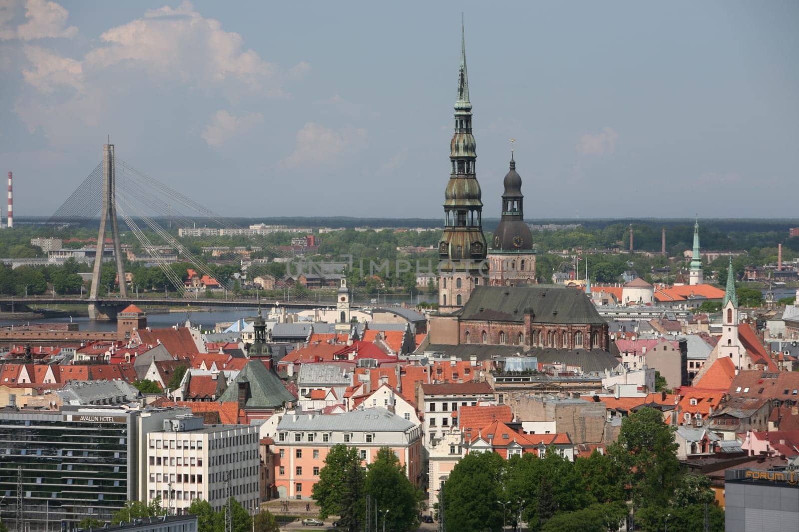 The Old Town with the Vansu Bruecke and the Cathedral as well as the River Daugava from the view of the view of the Socialist High-Rise Academy of Sciences in the district of Little Moskow in Riga,Latvia