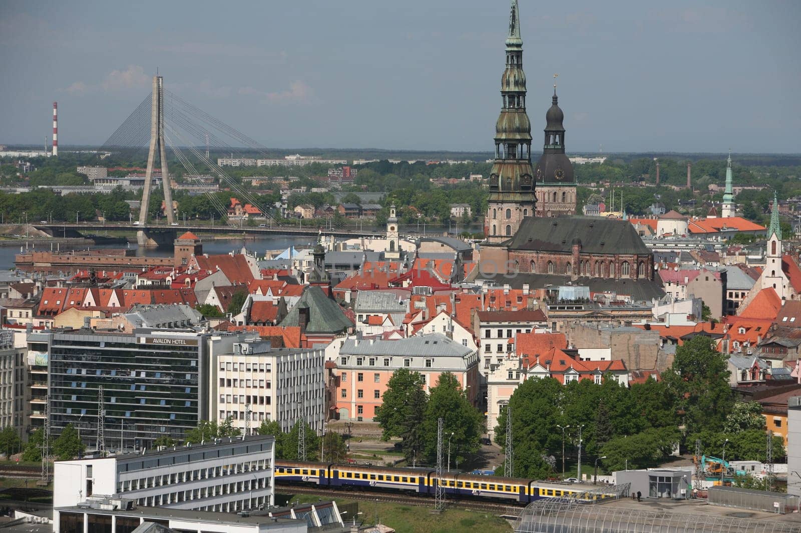 The Old Town with the Vansu Bruecke and the Cathedral as well as the River Daugava from the view of the view of the Socialist High-Rise Academy of Sciences in the district of Little Moskow in Riga,Latvia