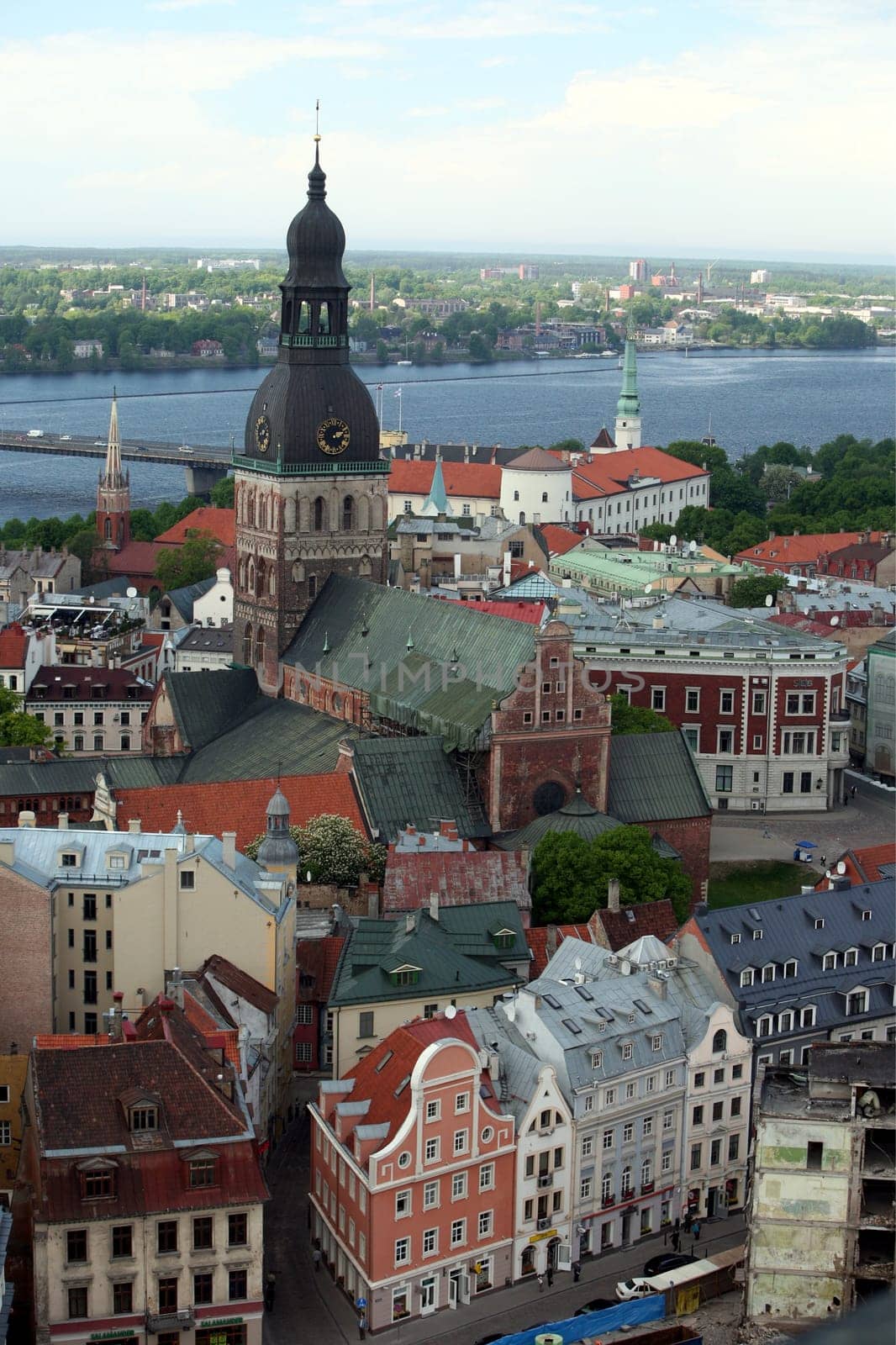 The Old Town with the Vansu Bruecke and the Cathedral as well as the River Daugava from the view of the view of the Socialist High-Rise Academy of Sciences in the district of Little Moskow in Riga,Latvia
