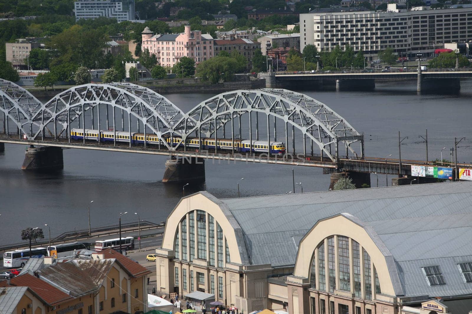 The district of Small Moscow on the Daugava River with the market and market halls of Riga from the view of the view terrace of the Socialist High-Rise Academy of Sciences in the district of Little Moskov in Riga,Latvia