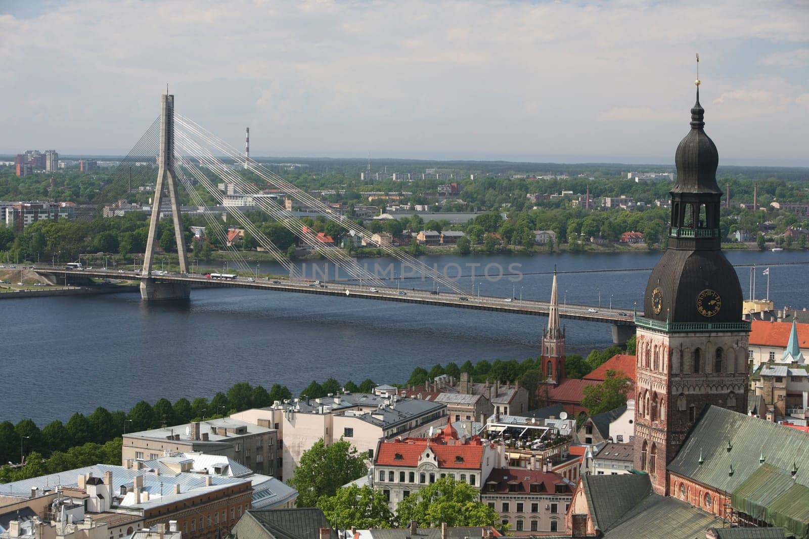 The Old Town with the Vansu Bruecke and the Cathedral as well as the River Daugava from the view of the view of the Socialist High-Rise Academy of Sciences in the district of Little Moskow in Riga,Latvia