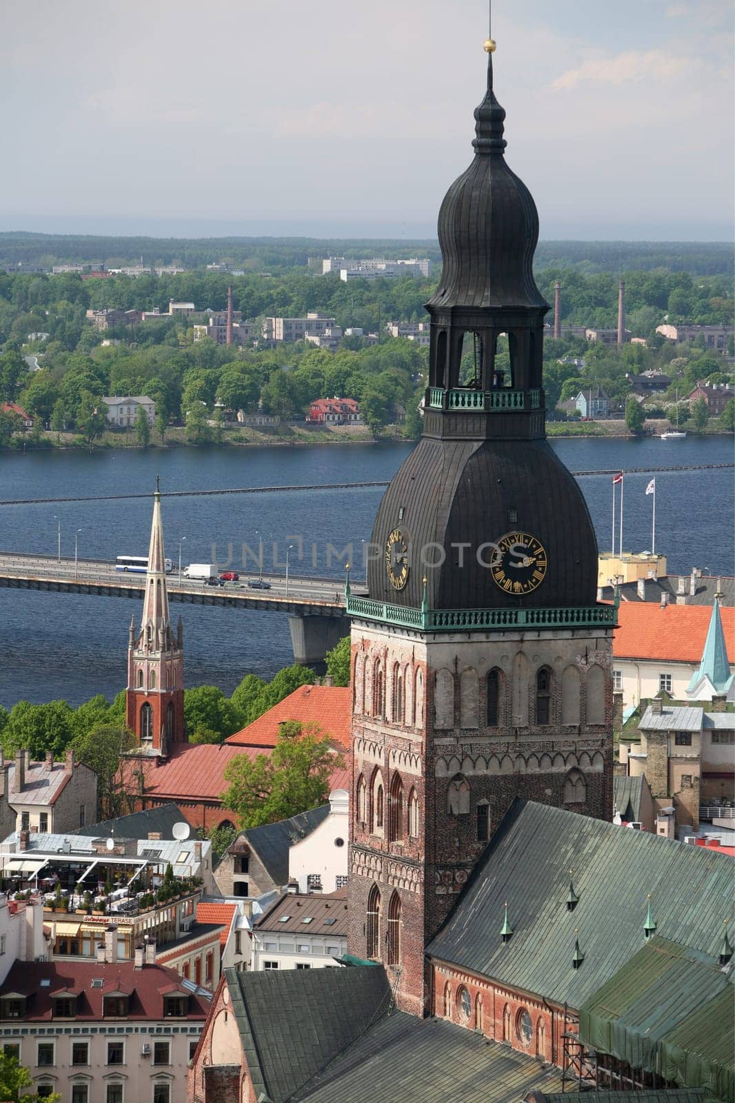 The Old Town with the Vansu Bruecke and the Cathedral as well as the River Daugava from the view of the view of the Socialist High-Rise Academy of Sciences in the district of Little Moskow in Riga,Latvia
