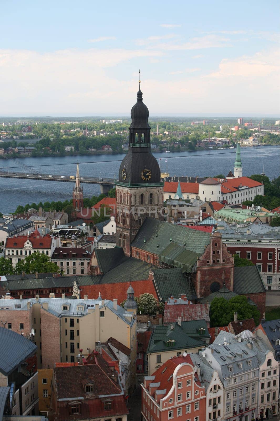 The Old Town with the Vansu Bruecke and the Cathedral as well as the River Daugava from the view of the view of the Socialist High-Rise Academy of Sciences in the district of Little Moskow in Riga,Latvia
