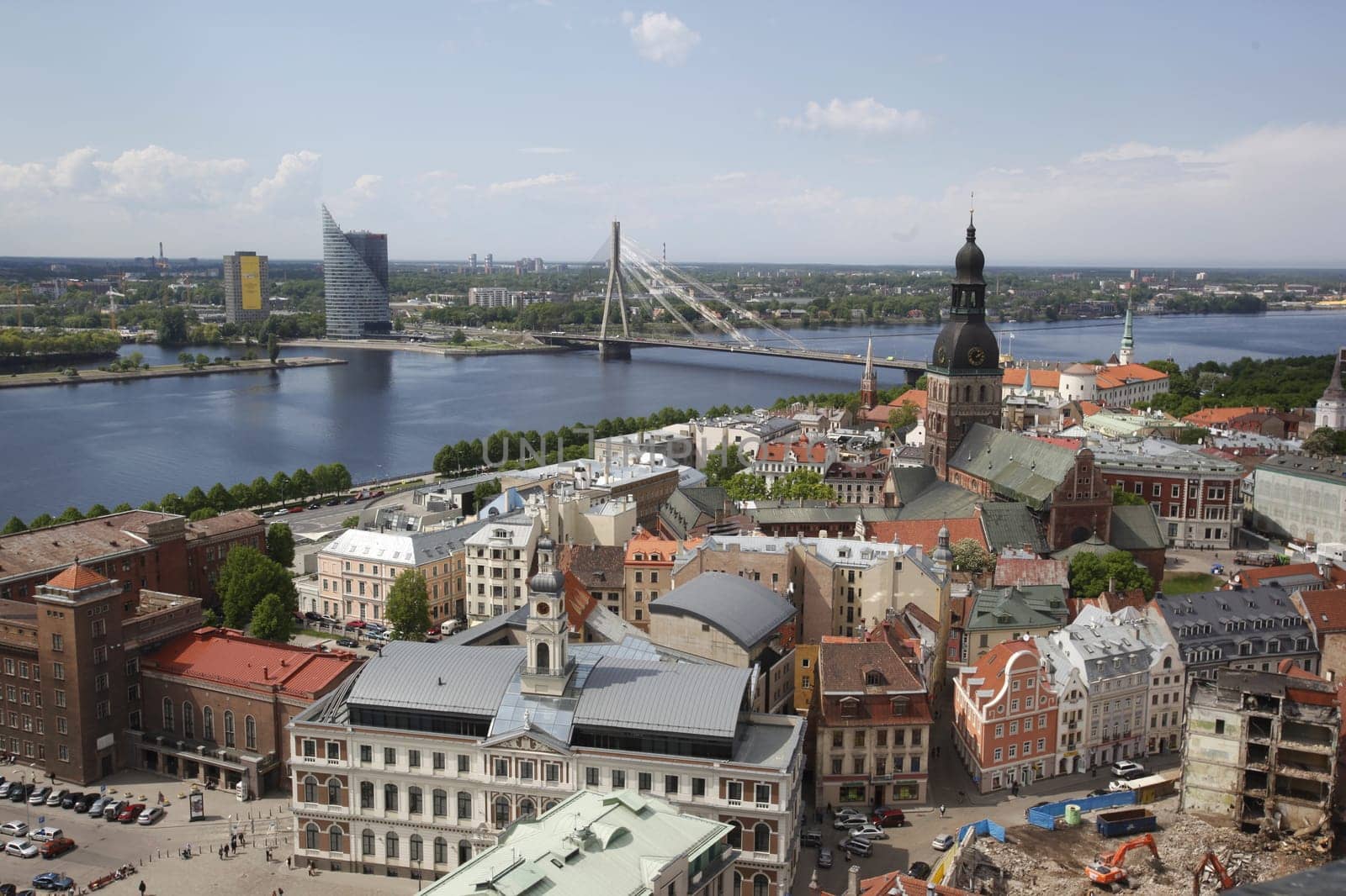 The Old Town with the Vansu Bruecke and the Cathedral as well as the River Daugava from the view of the view of the Socialist High-Rise Academy of Sciences in the district of Little Moskow in Riga,Latvia