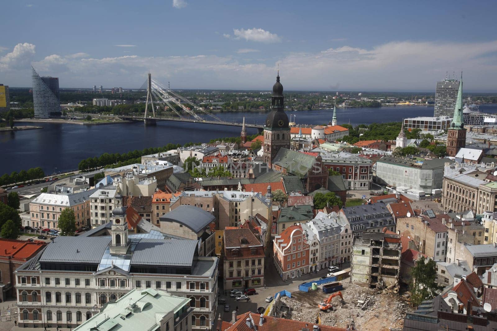 The Old Town with the Vansu Bruecke and the Cathedral as well as the River Daugava from the view of the view of the Socialist High-Rise Academy of Sciences in the district of Little Moskow in Riga,Latvia