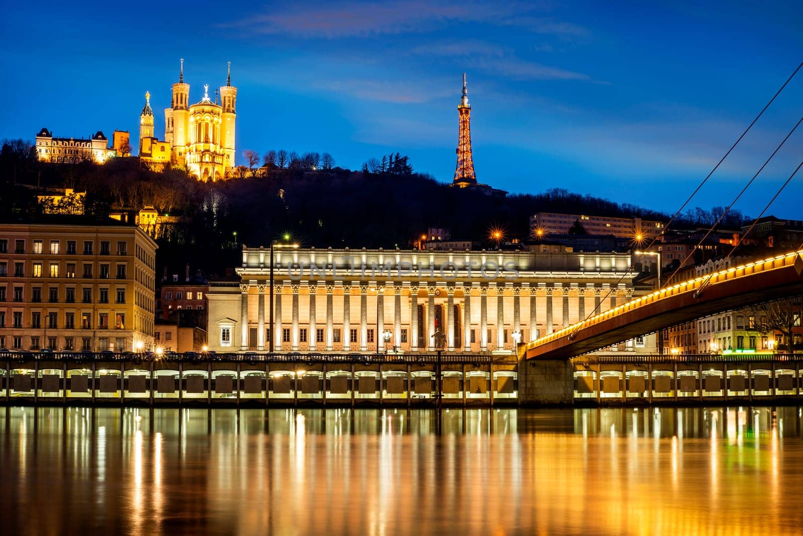 night view from Lyon city near the Fourviere cathedral and Saône river