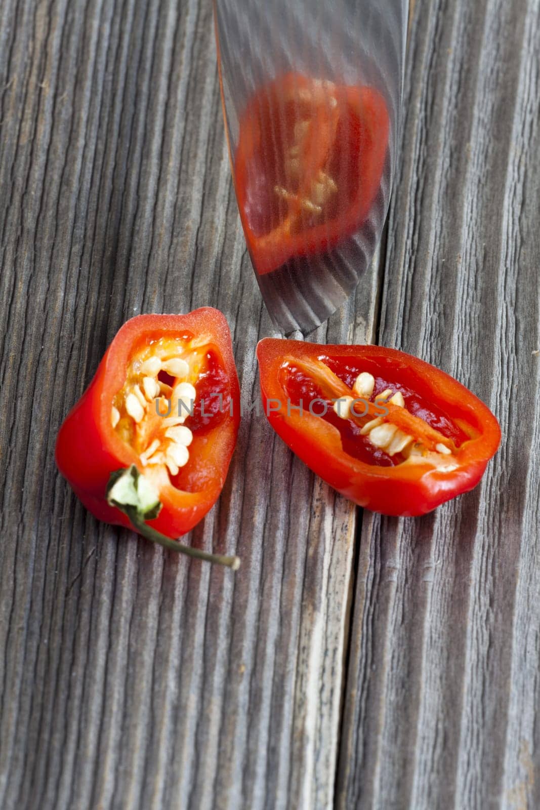 Two halves of a spicy Habanero chili pepper