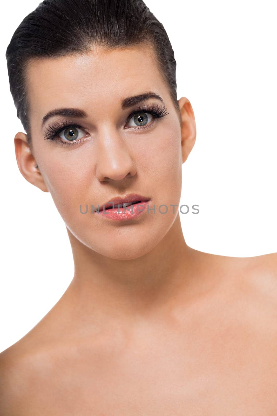 natural beautiful young woman with pure skin and dark hair isolated portrait cosmetic makeup care