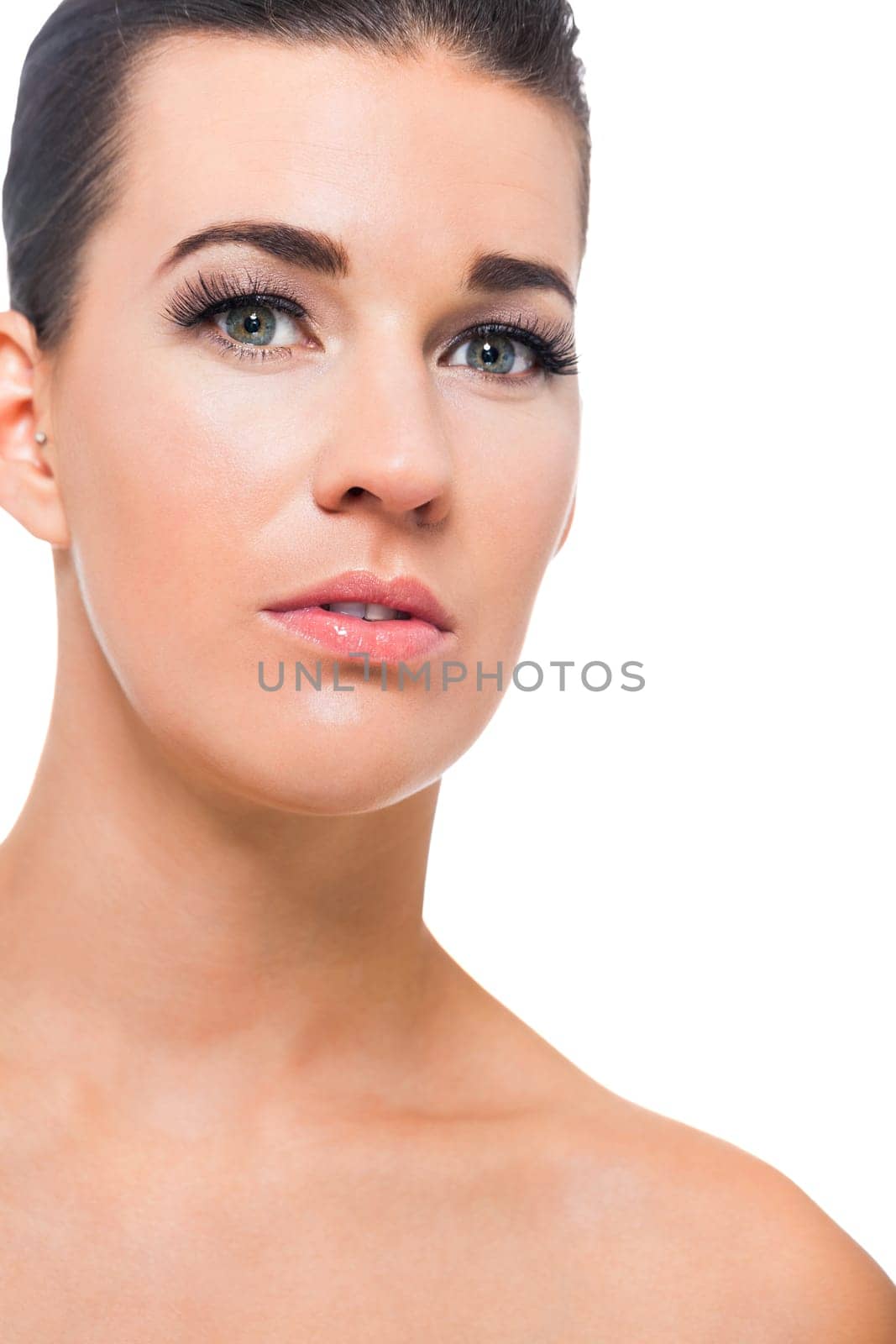 natural beautiful young woman with pure skin and dark hair isolated portrait cosmetic makeup care
