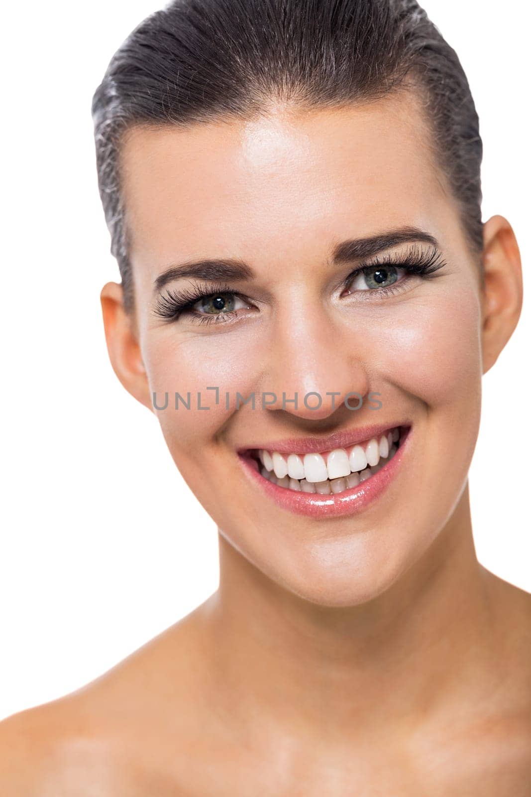 natural beautiful young woman with pure skin and dark hair isolated portrait cosmetic makeup care