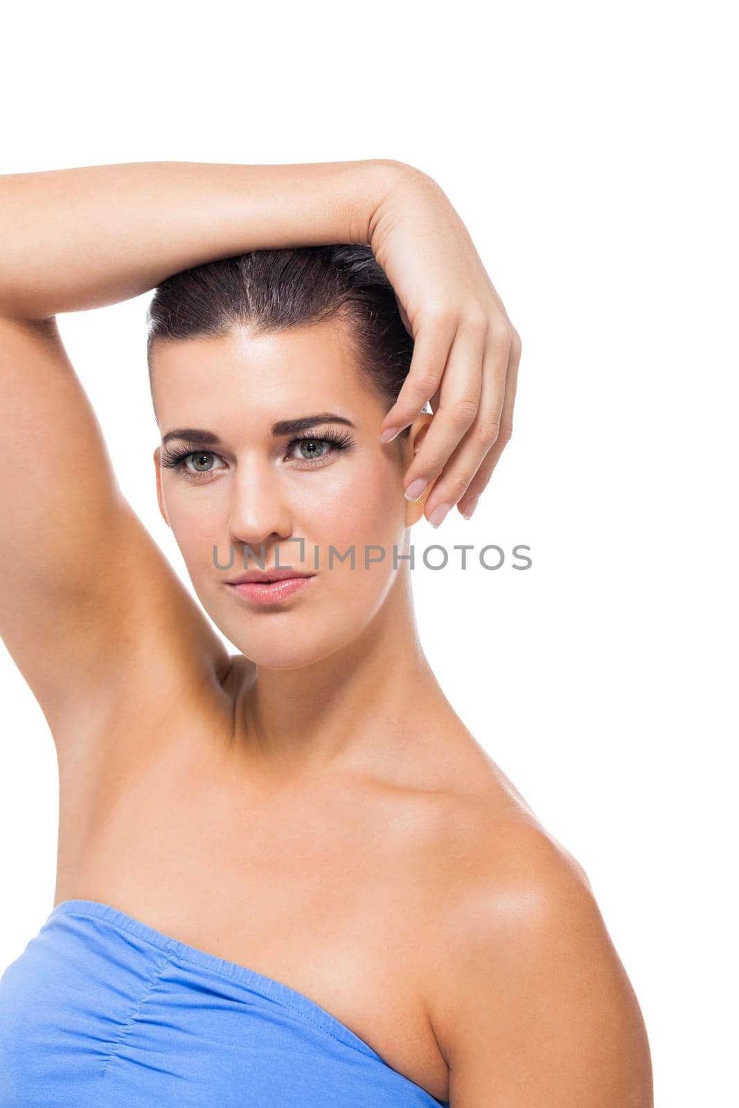 natural beautiful young woman with pure skin and dark hair isolated portrait cosmetic makeup care
