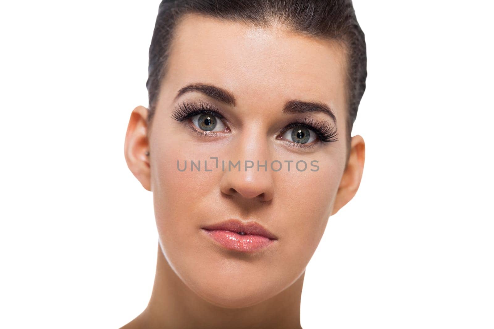 natural beautiful young woman with pure skin and dark hair isolated portrait cosmetic makeup care
