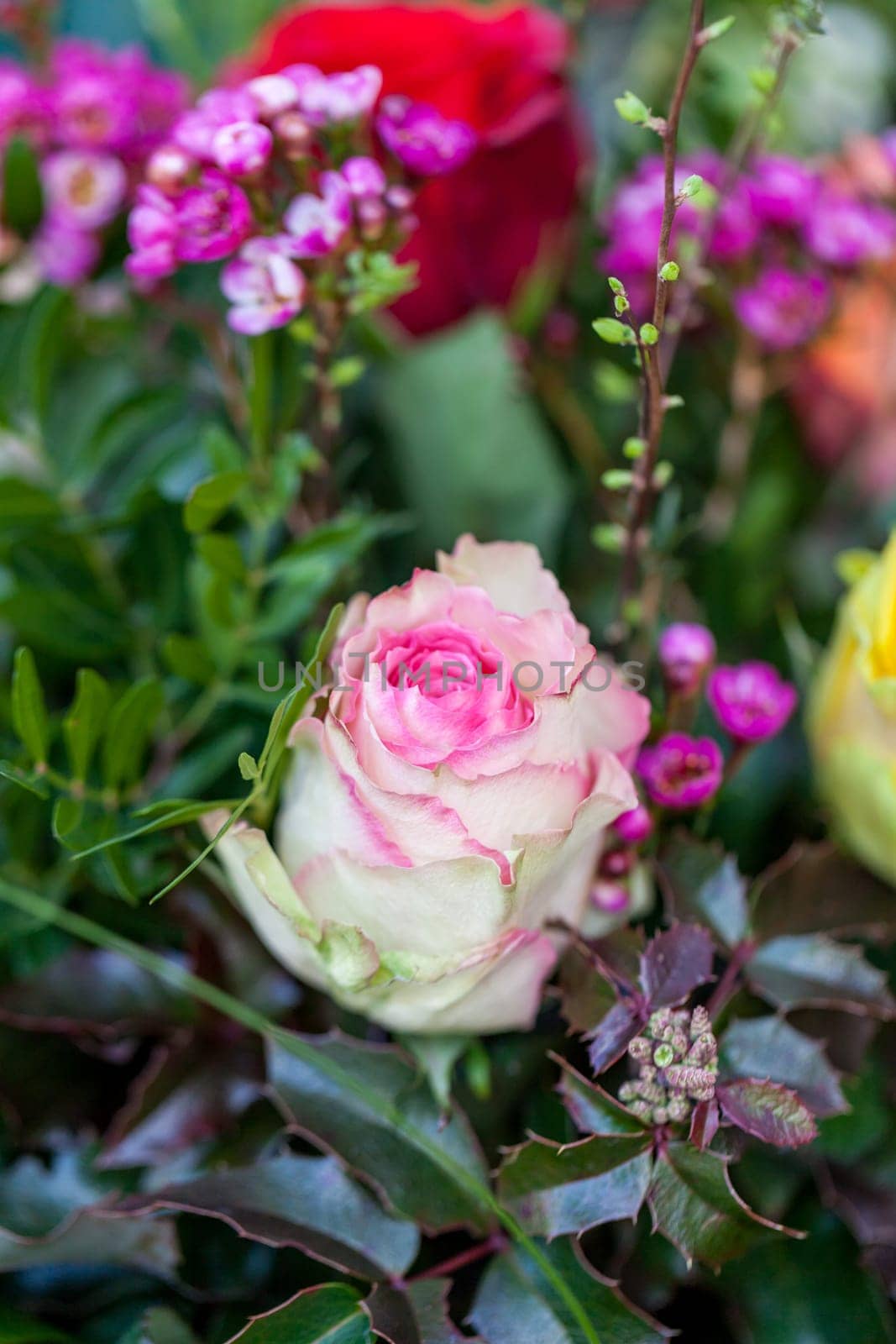 Colorful mixed flowers bouquet with various flowers for Valentine's Day and Mother's Day