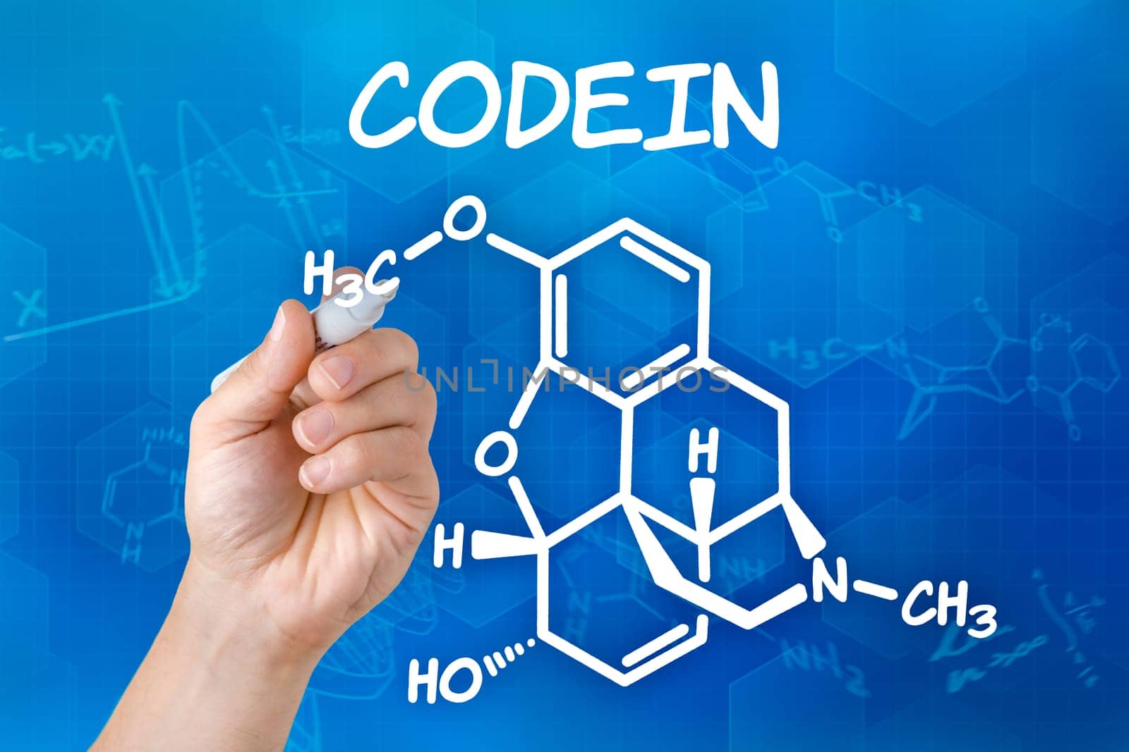 Hand draws chemical structural formula of codeine