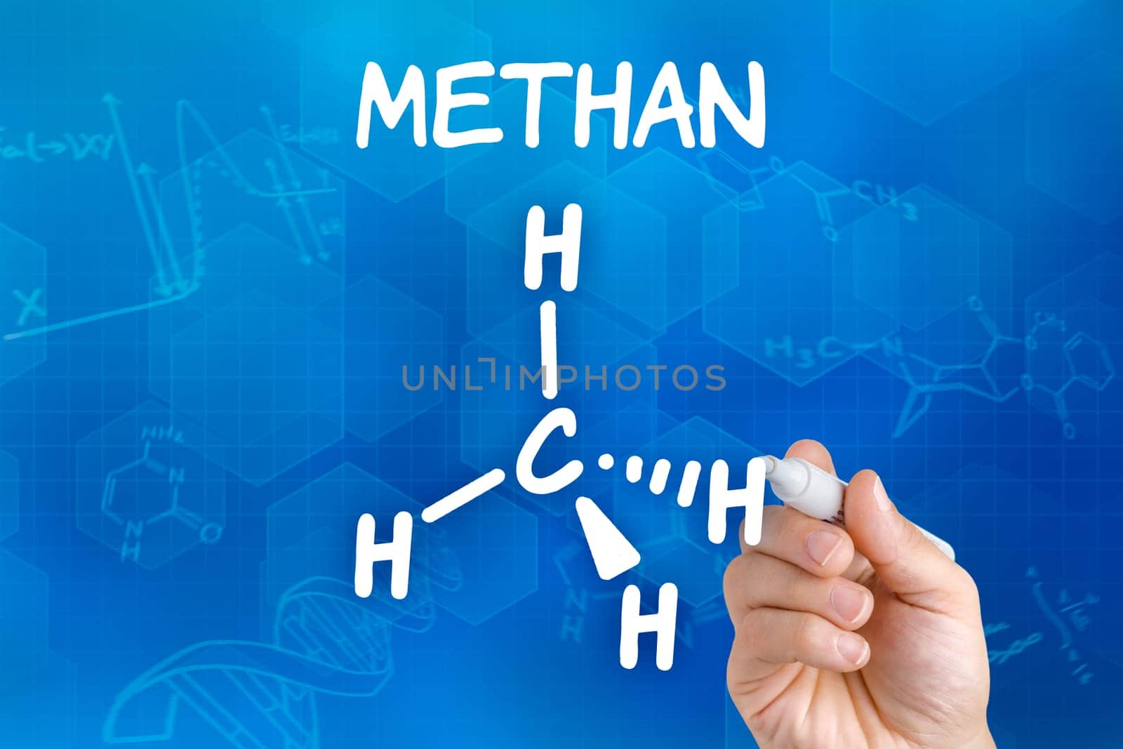 Hand draws chemical structural formula of methane