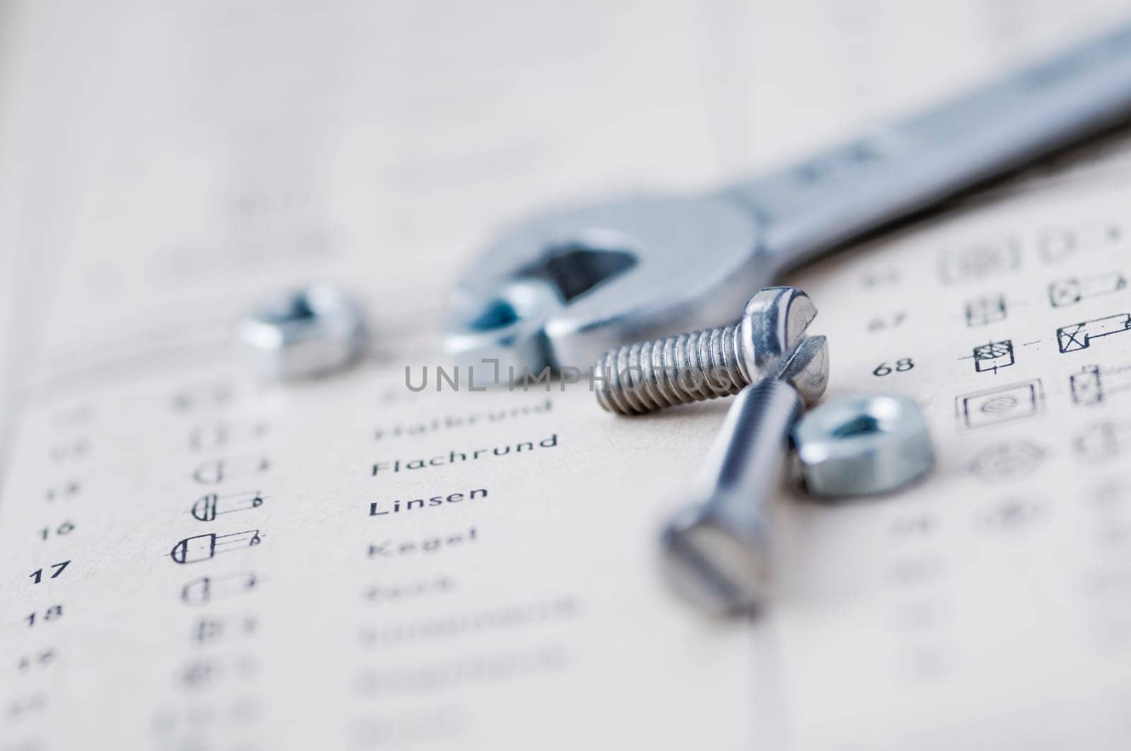 Detailed view of a small mouth wrench with screws and nuts in front of it on the book page of an old table book