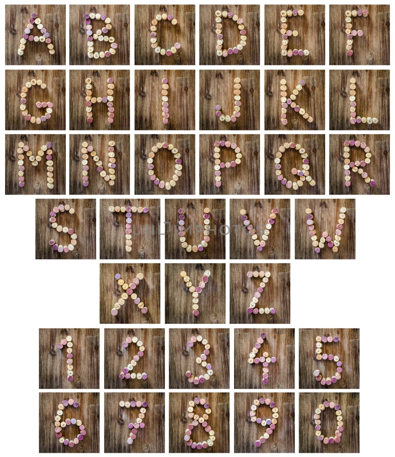 Alphabet letters and numbers made from wine corks in vintage style