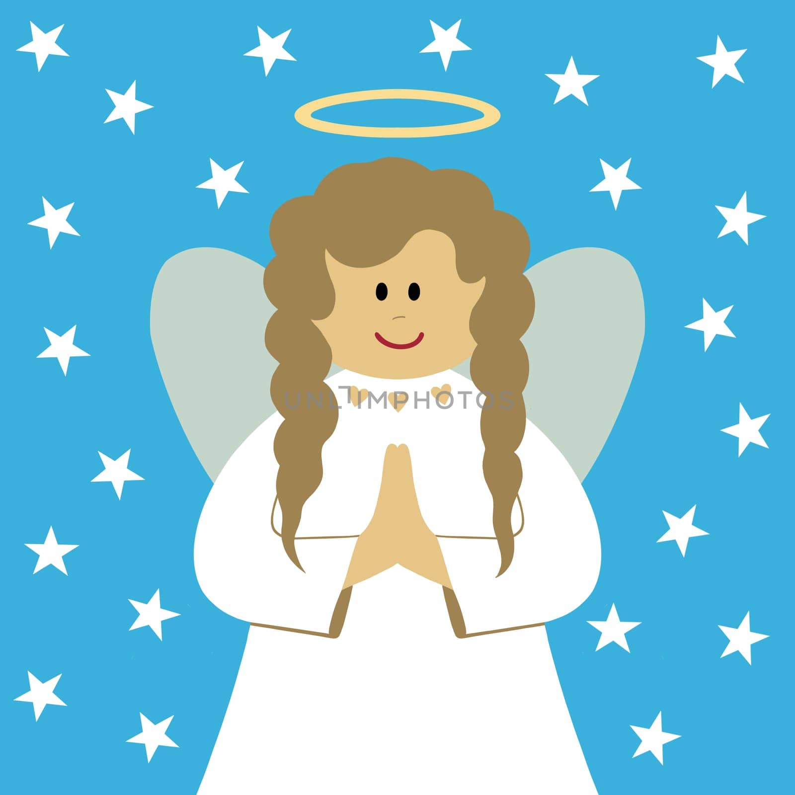Modern quirky Christmas angel illustration on a teal background. The angel has a smiley face and wavy hair. She is in a praying pose and has a halo above her. The angel is surrounded by twinkling white stars. Christmas card. Christmas fun. Happy holidays.