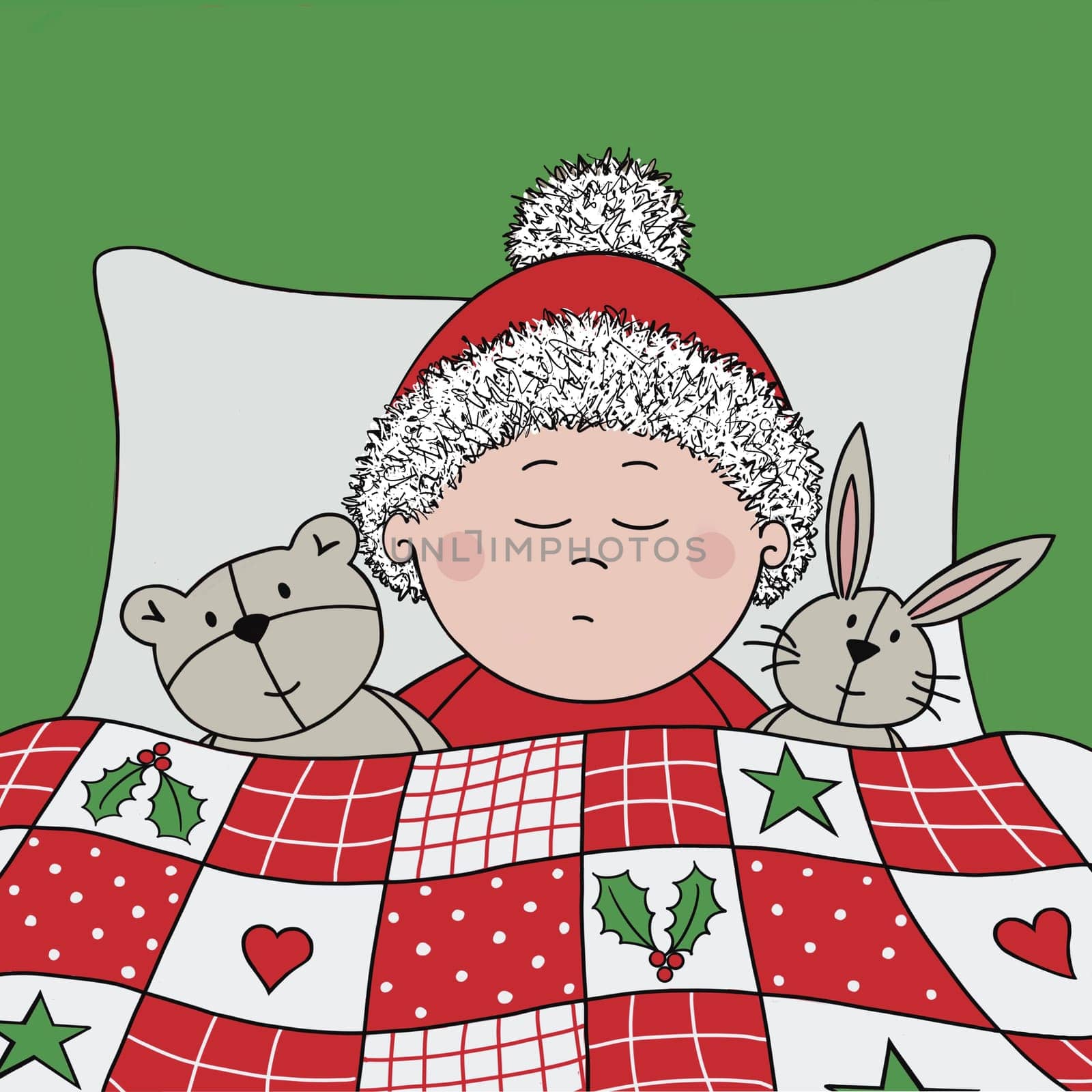 Baby’s first Christmas illustration. The Baby is sleeping under a cute Christmas patchwork quilt with holly leaves, heart and star motifs. They are wearing a Santa hat with fur trim and snuggled up with their favourite teddy bear and bunny rabbit toys. New baby at Christmas., a modern festive design.