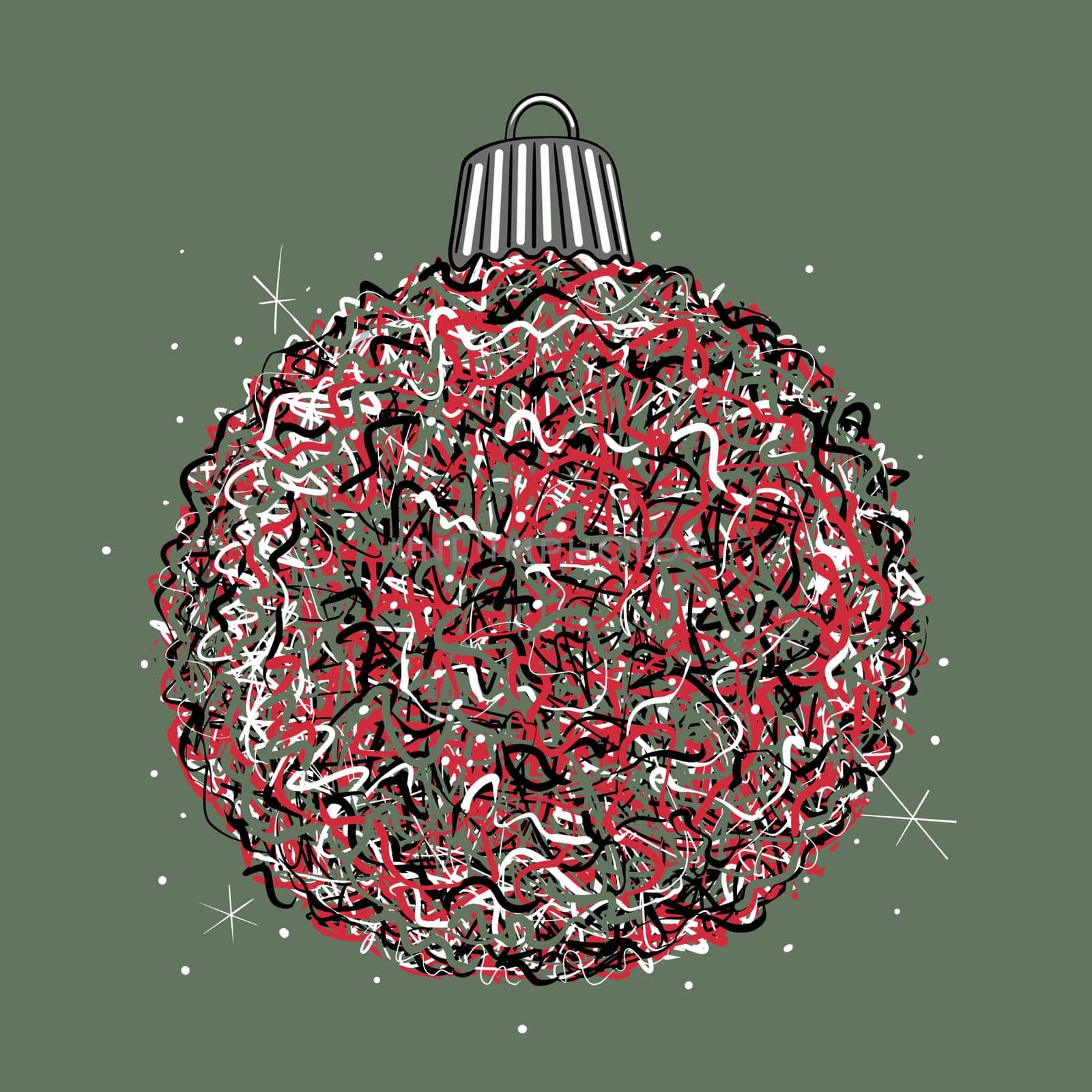 Christmas tree bauble illustration. This decoration is textured, sparkling and glittering. Modern Christmas tree decoration for a contemporary Christmas. Quirky and arty Xmas bauble.