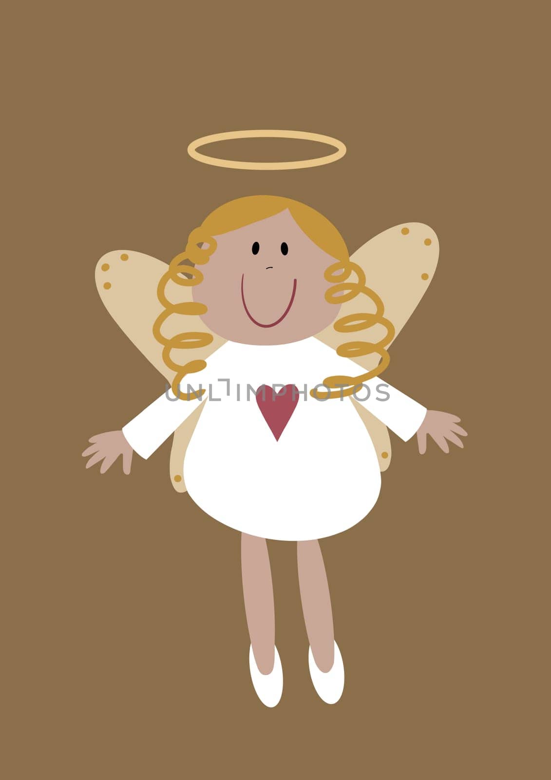 Cute Christmas angel illustration in a quirky cartoon style. Cartoon rustic folk art angel design. This simple nativity angel has a golden halo and heart motif on her dress.. Perfect character as a Christmas tree topper.