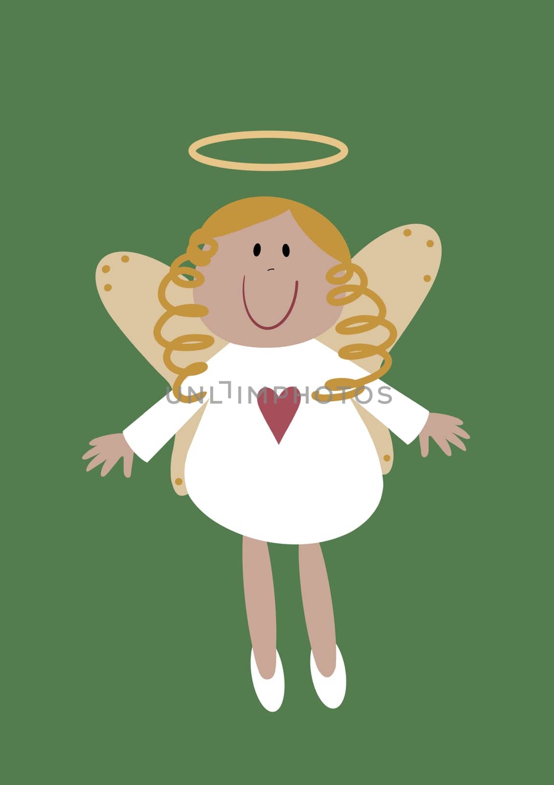 Cute Christmas angel illustration in a quirky cartoon style. Cartoon rustic folk art angel design. This simple nativity angel has a golden halo and heart motif on her dress.. Perfect character as a Christmas tree topper.