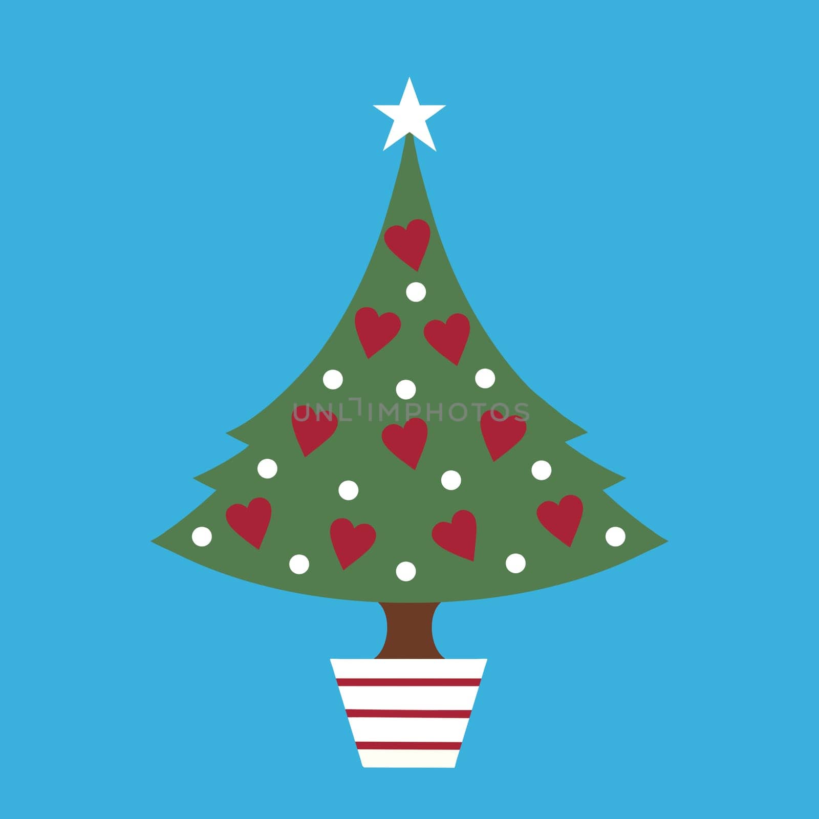 Modern Christmas tree design with simple heart and polka dot decorations and a star on top. The tree is in a festive red and white striped pot like a candy cane and placed on a bold blue background.