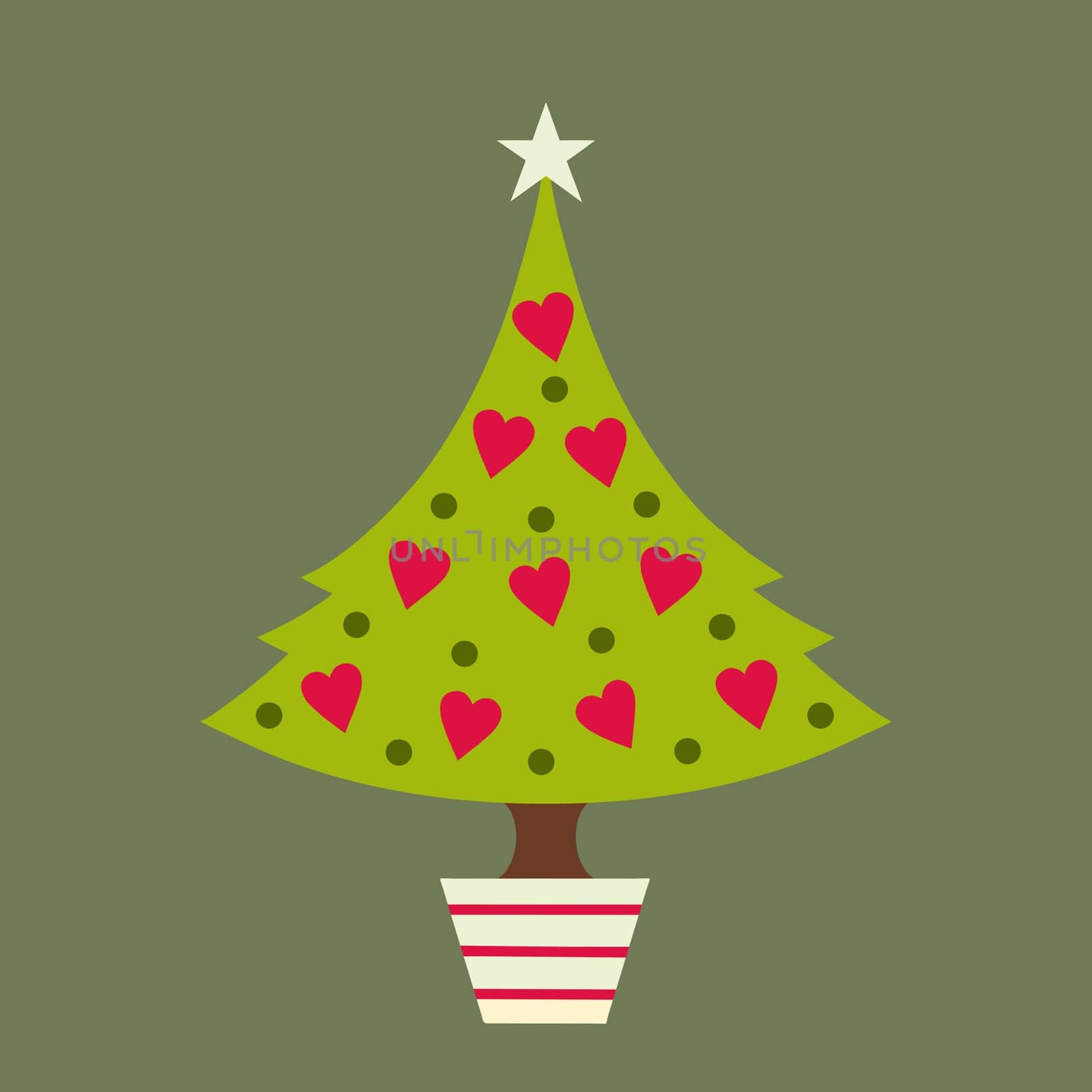 Modern Christmas tree design with simple heart and polka dot decorations and a star on top. The tree is in a festive red and white striped pot like a candy cane and placed on a sage green background.