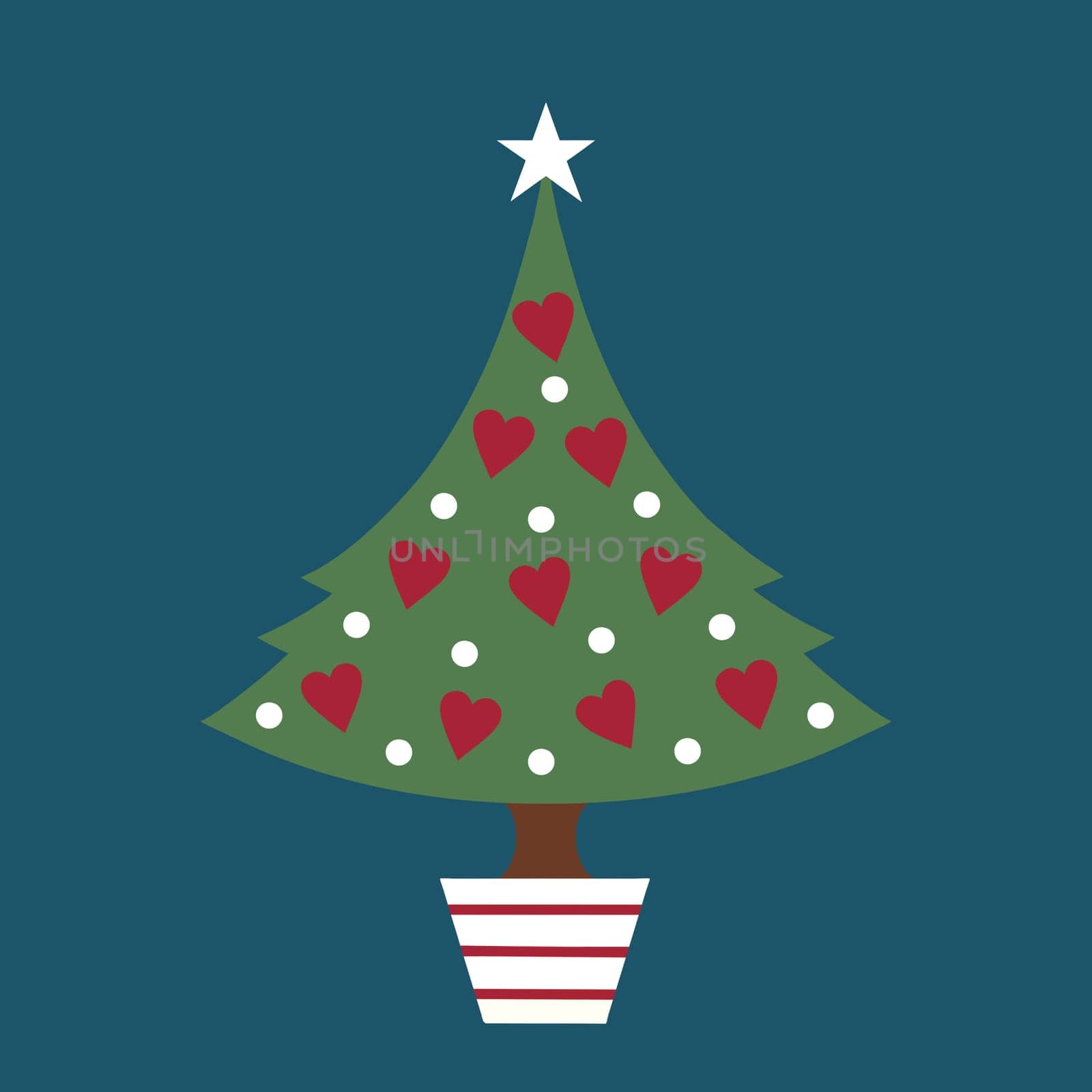Modern Christmas tree design with simple heart and polka dot decorations and a star on top. The tree is in a festive red and white striped pot like a candy cane and placed on a bold teal background.