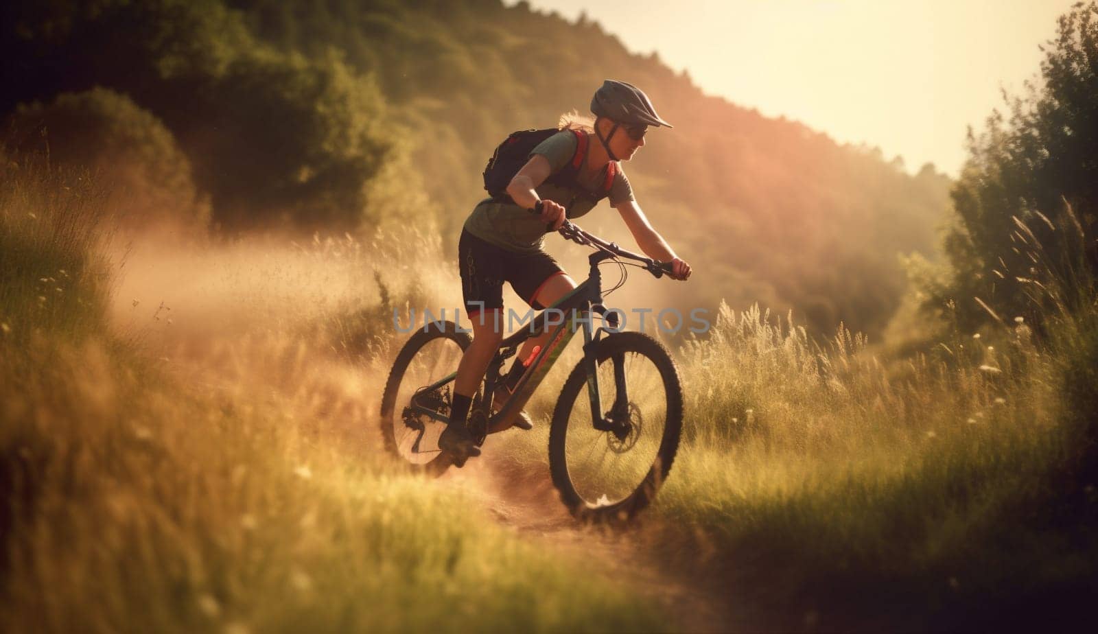 active woman walking summer bike cycling dark forest bicycle sport sunset. Generative AI. by Vichizh