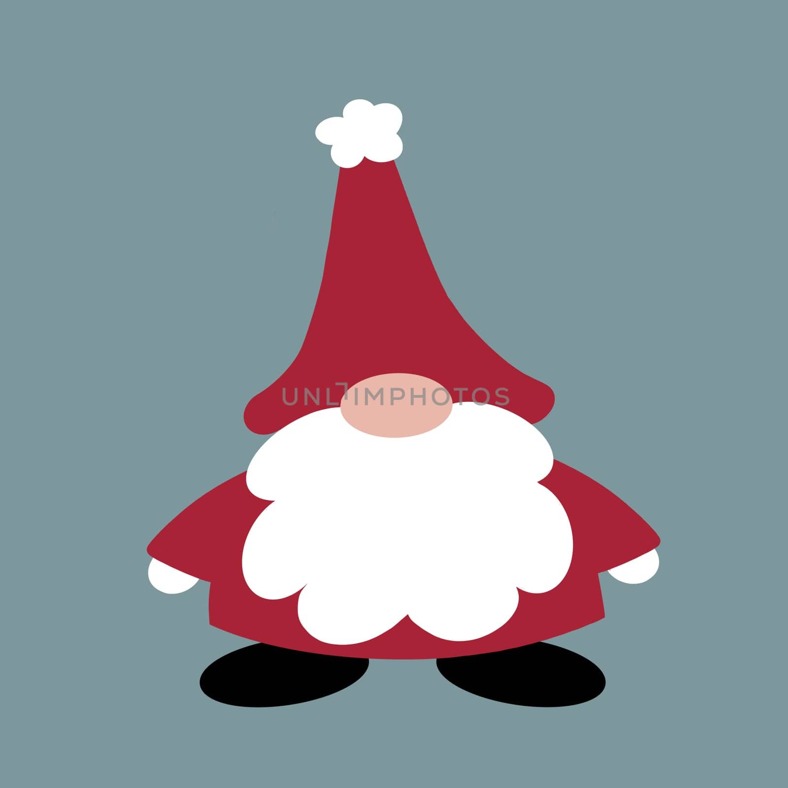 Gonk style cartoon Santa with black boots and bushy beard. Gonk style Father Christmas. Christmas decoration for the festive season. Cute and timeless character, gnome like figure.