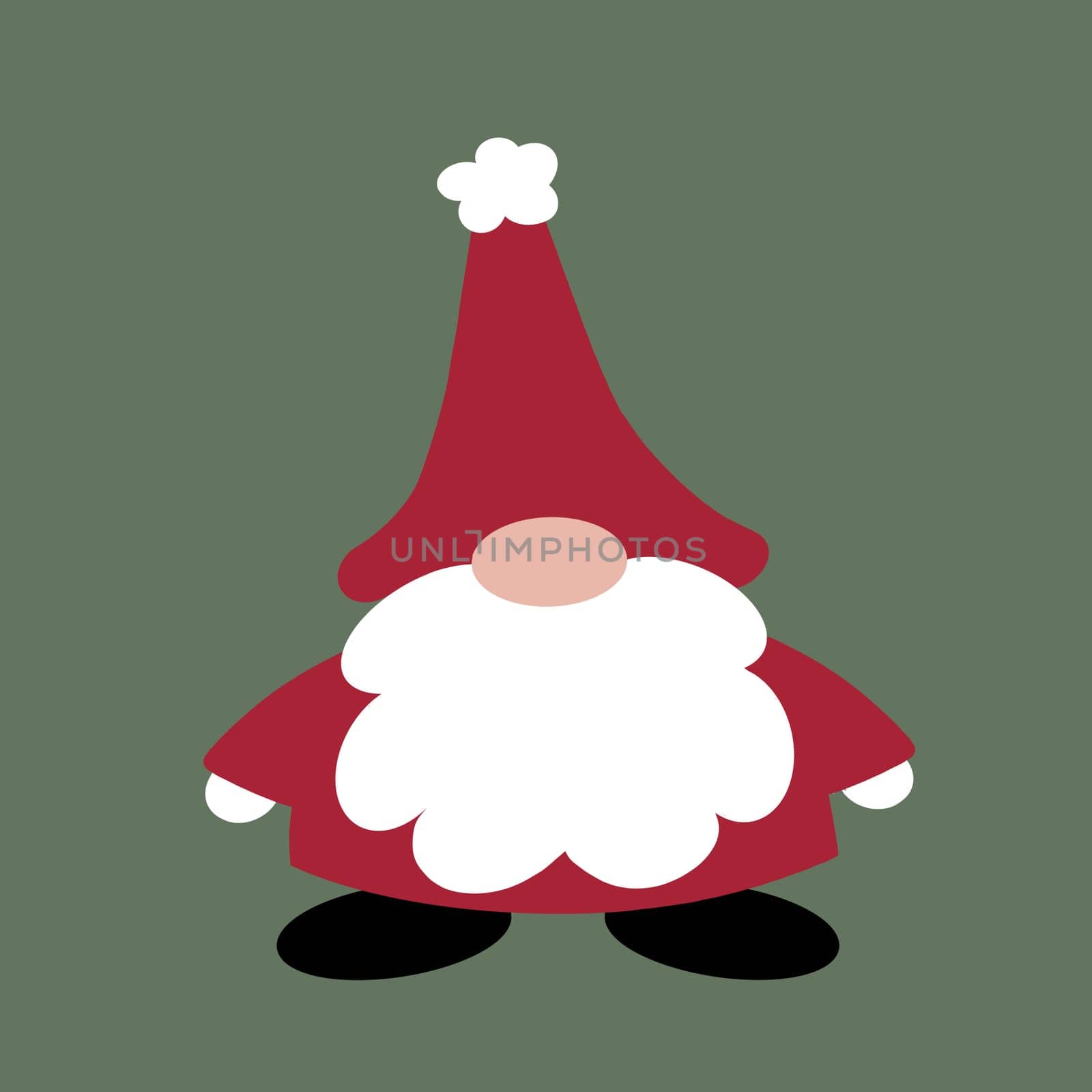Gonk style cartoon Santa with black boots and bushy beard. Gonk style Father Christmas. Christmas decoration for the festive season. Cute and timeless character, gnome like figure.