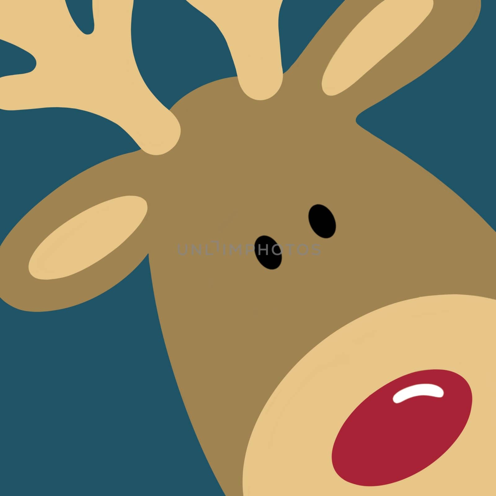 Close up view of a quirky reindeer with snow falling. The reindeer is wearing a cosy jumper with a heart motif. A Christmas illustration, perfect for the festive season. Modern, contemporary Xmas design.