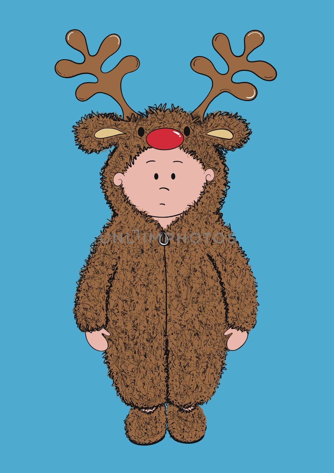 Cartoon illustration of a young child in a cute furry reindeer onesie. Dressing up at Christmas in a new reindeer costume. Baby’s first Christmas. Festive fancy dress fun.