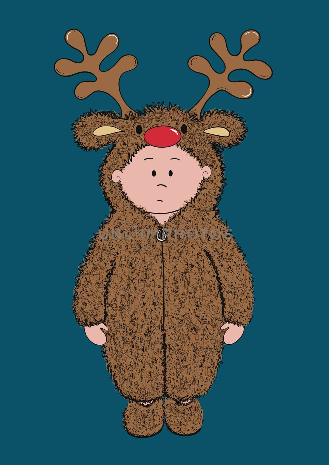 Cartoon illustration of a young child in a cute furry reindeer onesie. Dressing up at Christmas in a new reindeer costume. Baby’s first Christmas. Festive fancy dress fun.