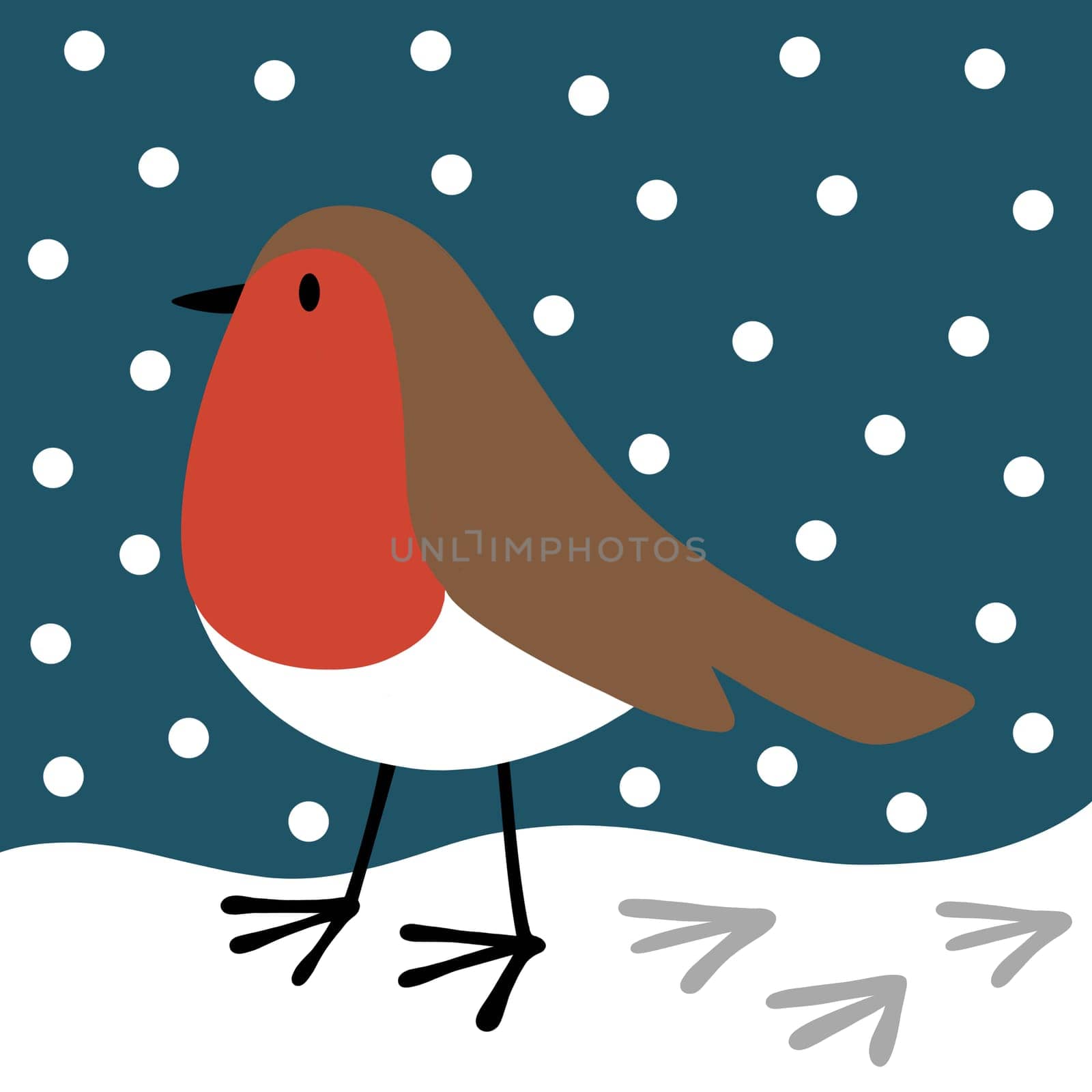 Cute cartoon robin in the snow. A cute Christmas image on a cold day. The bird is lwalking and leaving tiny footprints in the snow. Xmas fun in the snow. A simple contemporary festive design.