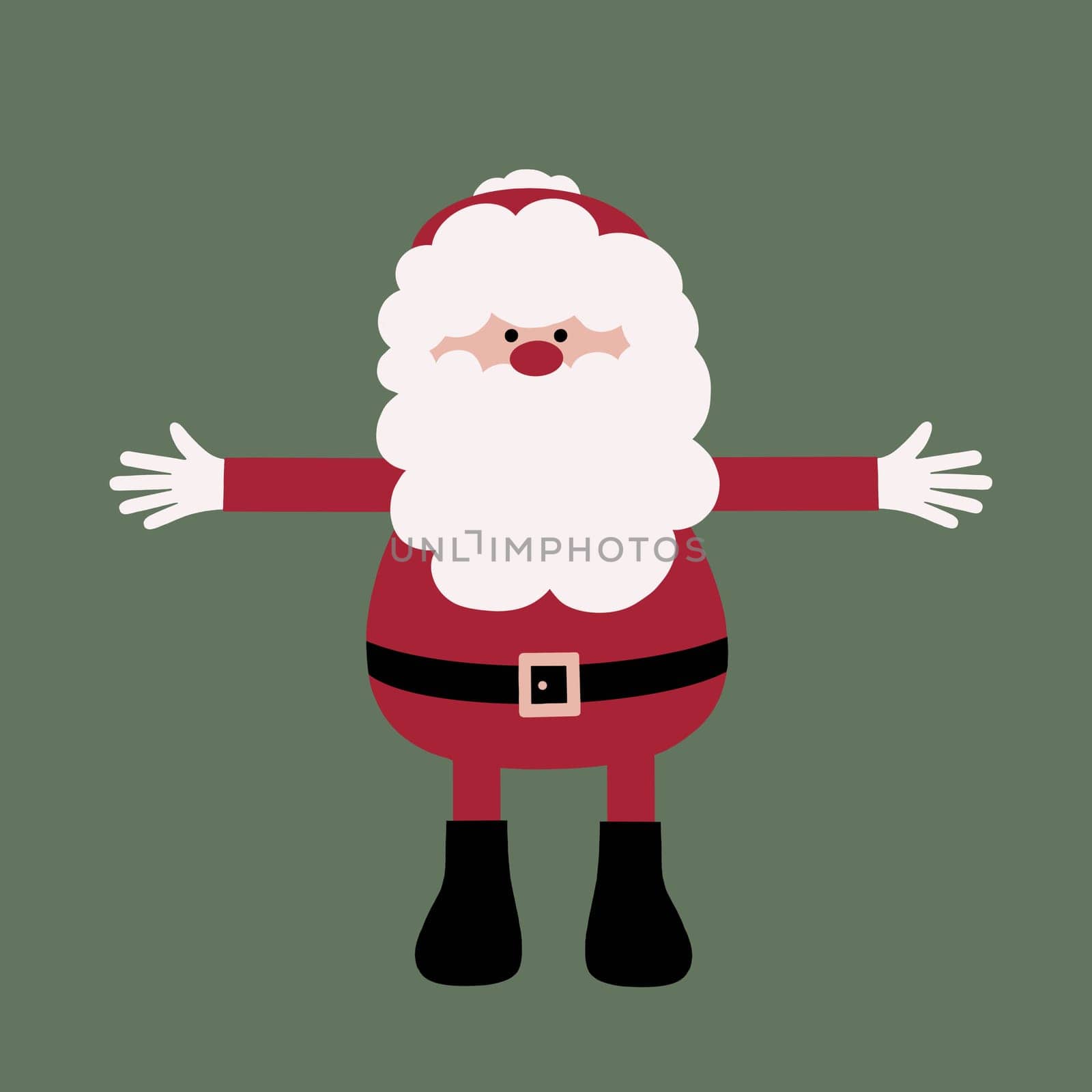 Illustration of a fun quirky Santa with arms out wide ready for a hug. Santa hug. Welcome. Quirky Father Christmas. Cartoon style Christmas illustration. Perfect for the holiday season.