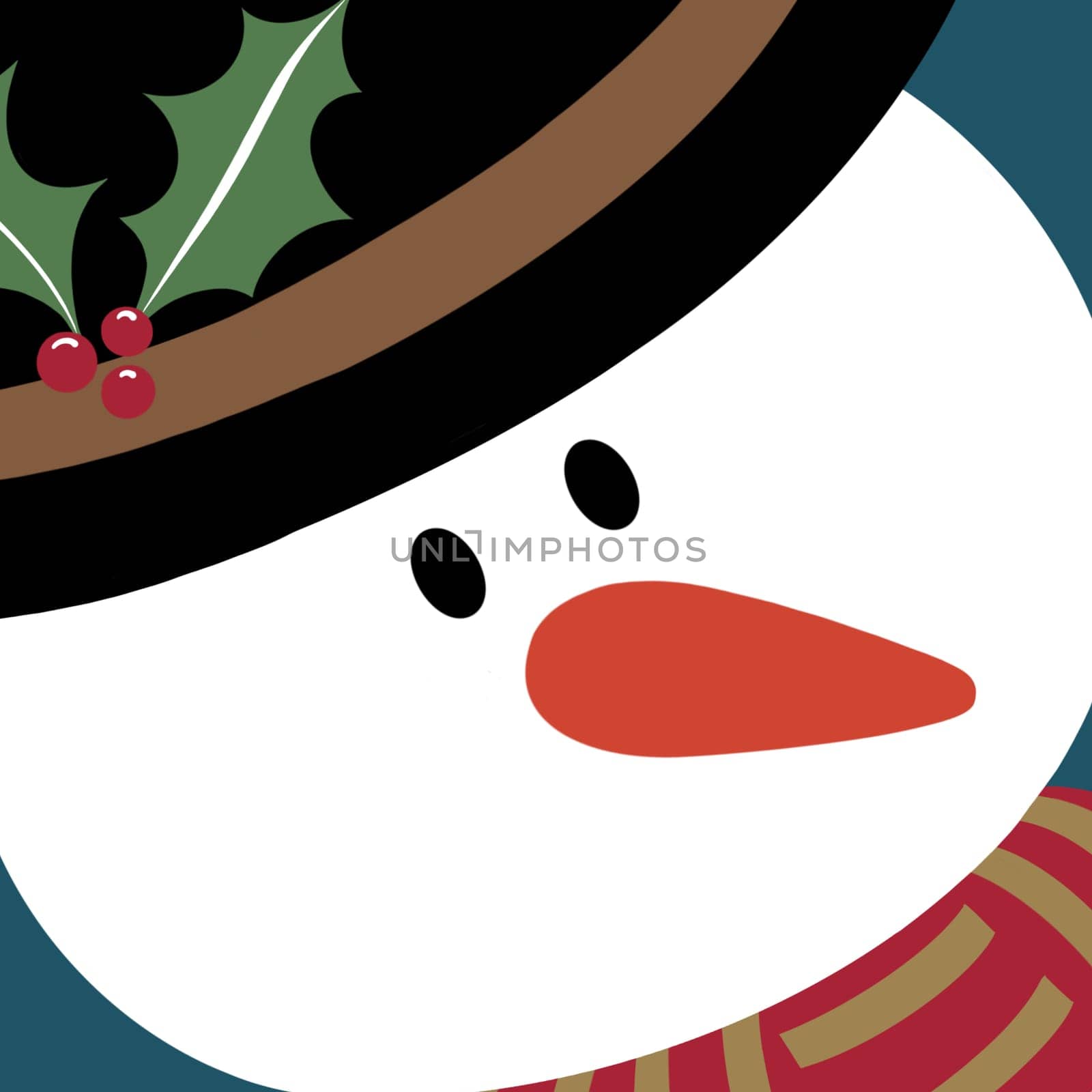 Close up view of a cartoon snowman illustration on a cold winter day.  The snow man is wearing a hat decorated with holly leaves and a striped scarf with hearts motifs and tassels. He has a the traditional carrot for his nose. Fun in the snow at Christmas.